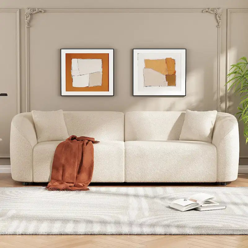 Canapé incurvé 3 places en tissu bouclé orange/beige