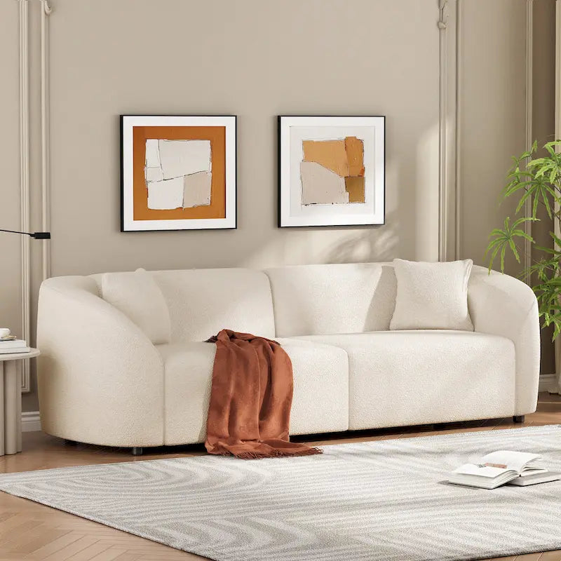 Canapé incurvé 3 places en tissu bouclé orange/beige