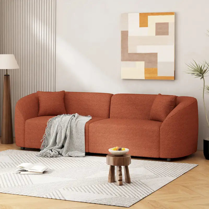 Canapé incurvé 3 places en tissu bouclé orange/beige