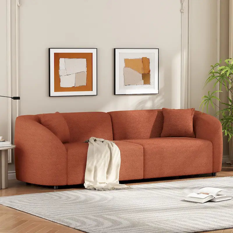 Canapé incurvé 3 places en tissu bouclé orange/beige