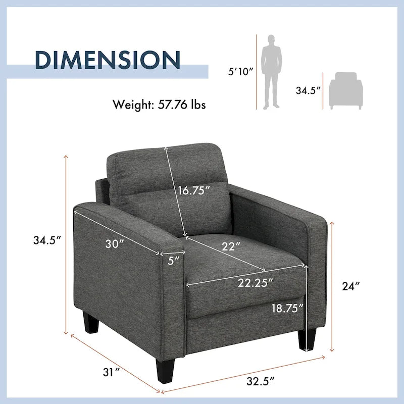 Fauteuil d'appoint gris avec accoudoirs, une place, pieds en bois massif