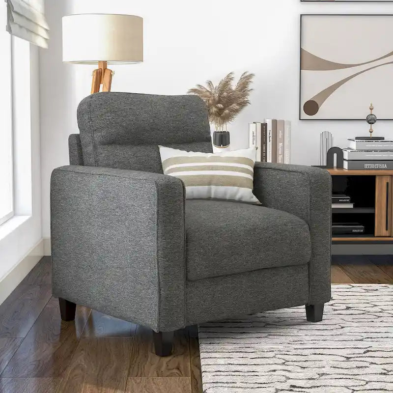 Fauteuil d'appoint gris avec accoudoirs, une place, pieds en bois massif