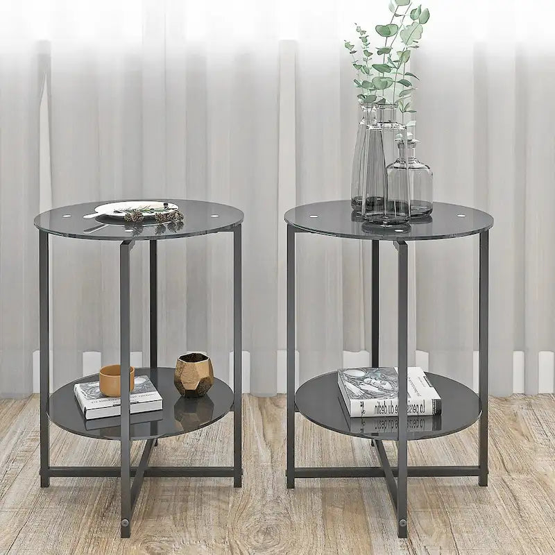 Table d'appoint ronde en verre trempé, noire et transparente, lot de 2