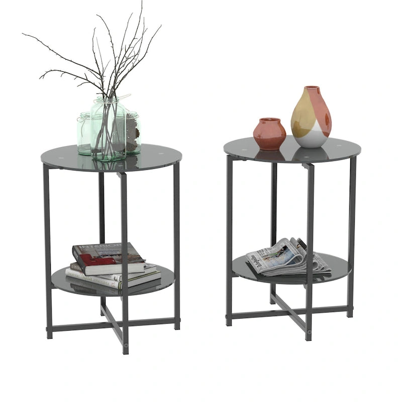 Table d'appoint ronde en verre trempé, noire et transparente, lot de 2