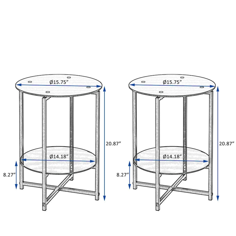 Table d'appoint ronde en verre trempé, noire et transparente, lot de 2