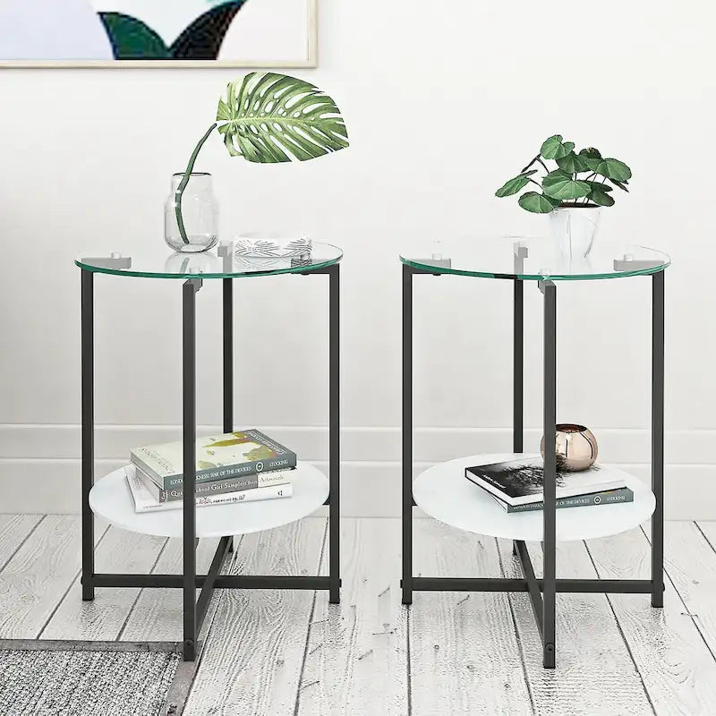Table d'appoint ronde en verre trempé, noire et transparente, lot de 2