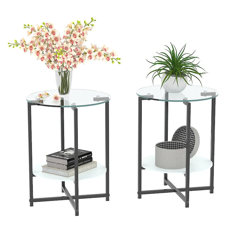 Table d'appoint ronde en verre trempé, noire et transparente, lot de 2
