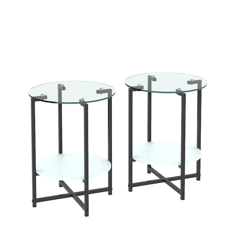 Table d'appoint ronde en verre trempé, noire et transparente, lot de 2