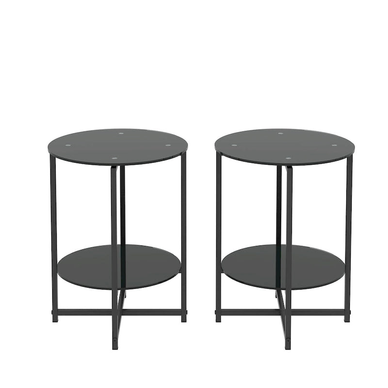 Table d'appoint ronde en verre trempé, noire et transparente, lot de 2
