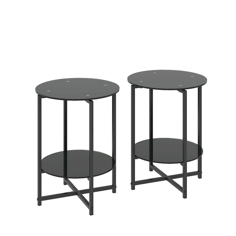Table d'appoint ronde en verre trempé, noire et transparente, lot de 2