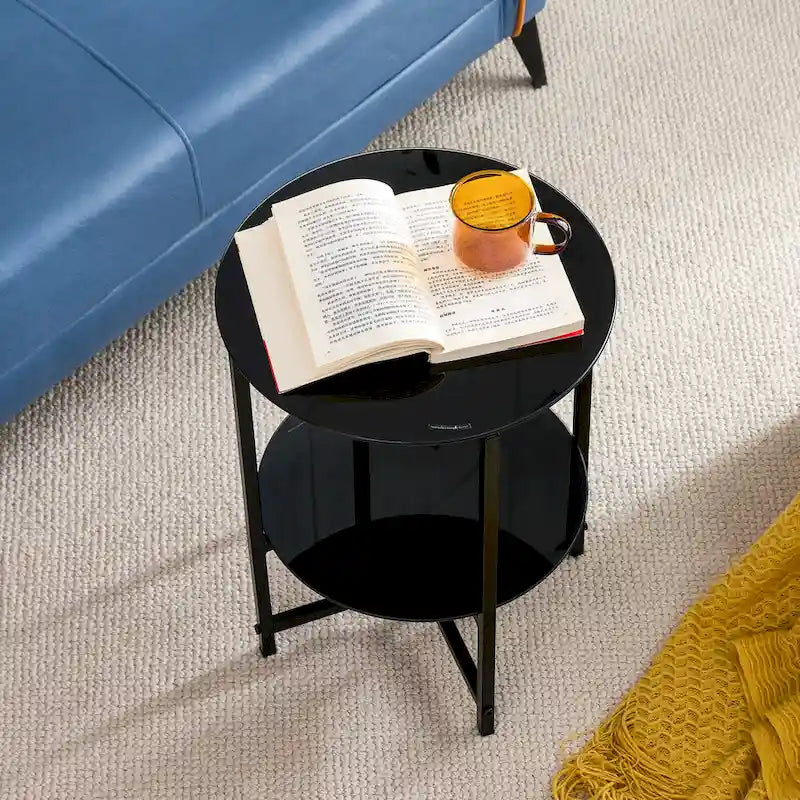 Table d'appoint ronde en verre trempé, noire et transparente, lot de 2