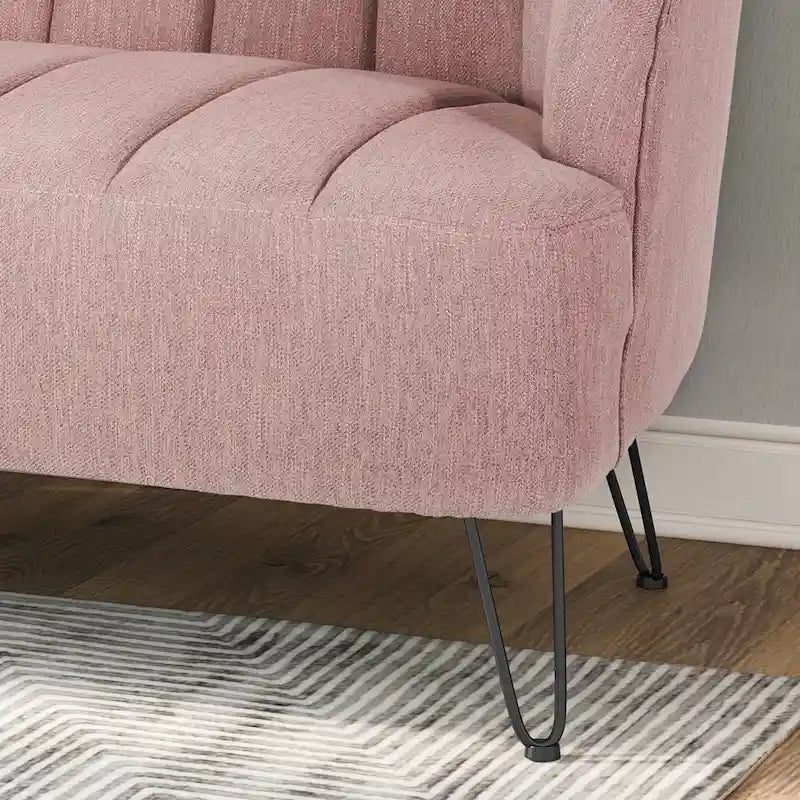 Causeuse 2 places en tissu capitonnée à rainures gris clair/rose fard/beige/turquoise avec pieds épingles noirs