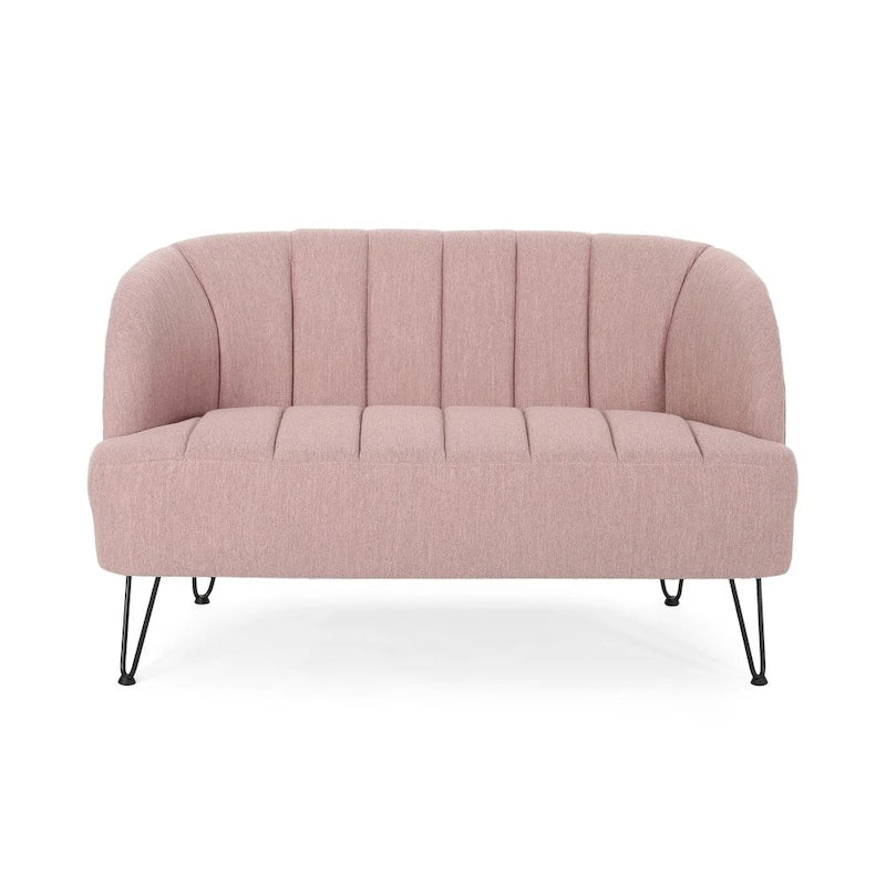 Causeuse 2 places en tissu capitonnée à rainures gris clair/rose fard/beige/turquoise avec pieds épingles noirs