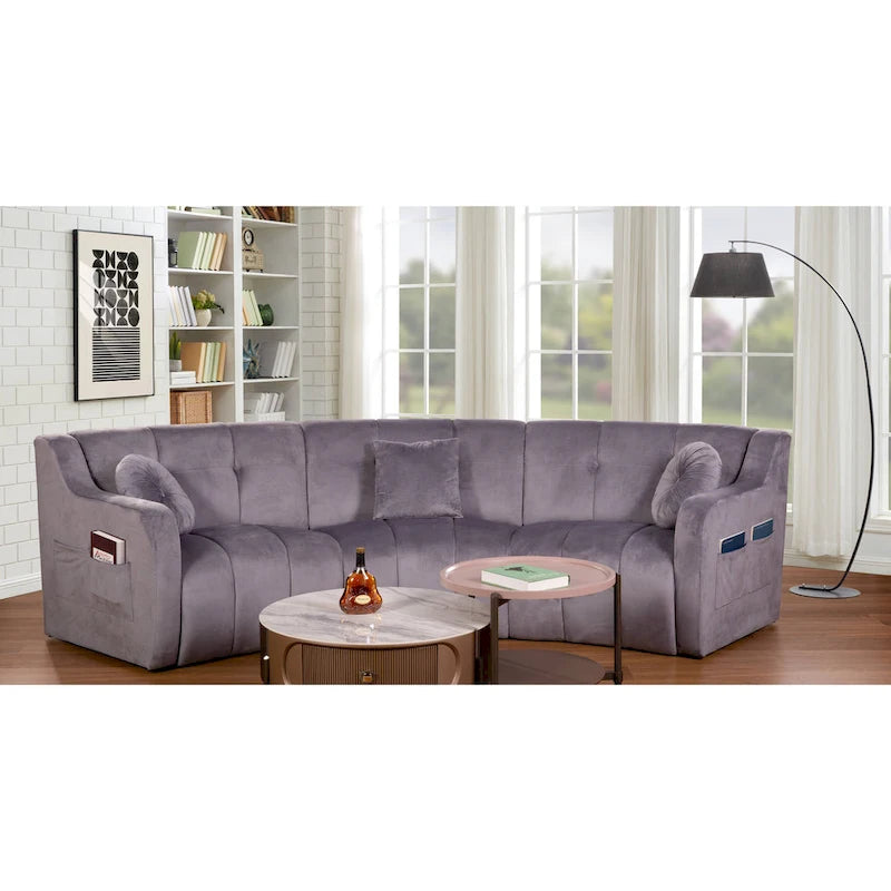 Canapé incurvé en velours crème / bleu / gris, modulable sans pieds, 3 places