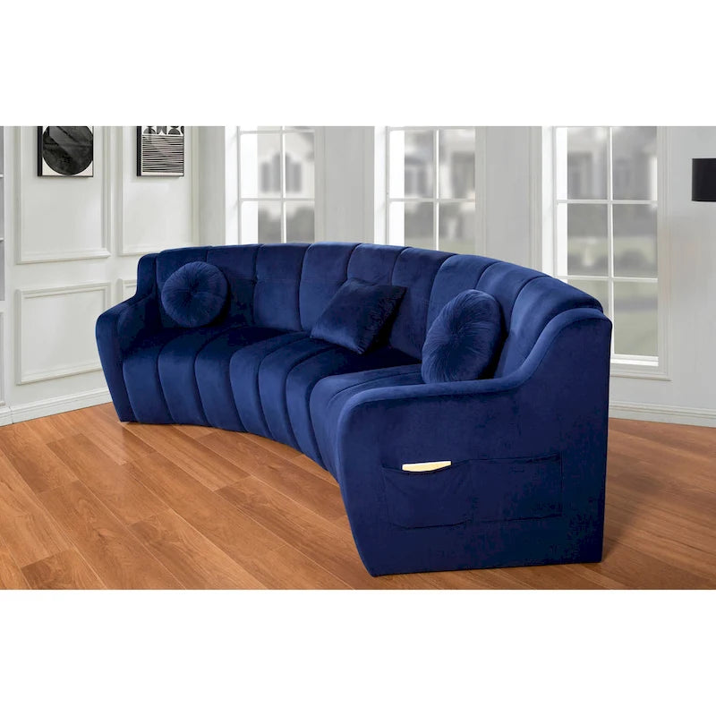 Canapé incurvé en velours crème / bleu / gris, modulable sans pieds, 3 places