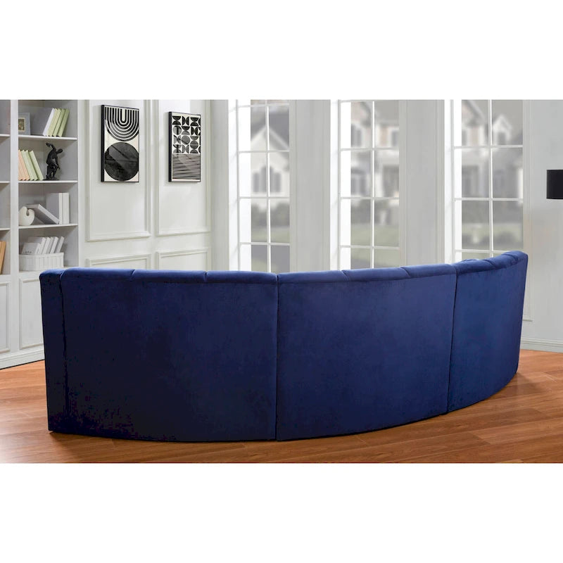 Canapé incurvé en velours crème / bleu / gris, modulable sans pieds, 3 places