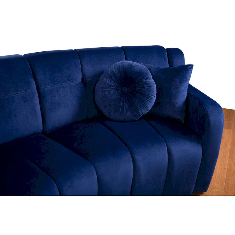 Canapé incurvé en velours crème / bleu / gris, modulable sans pieds, 3 places