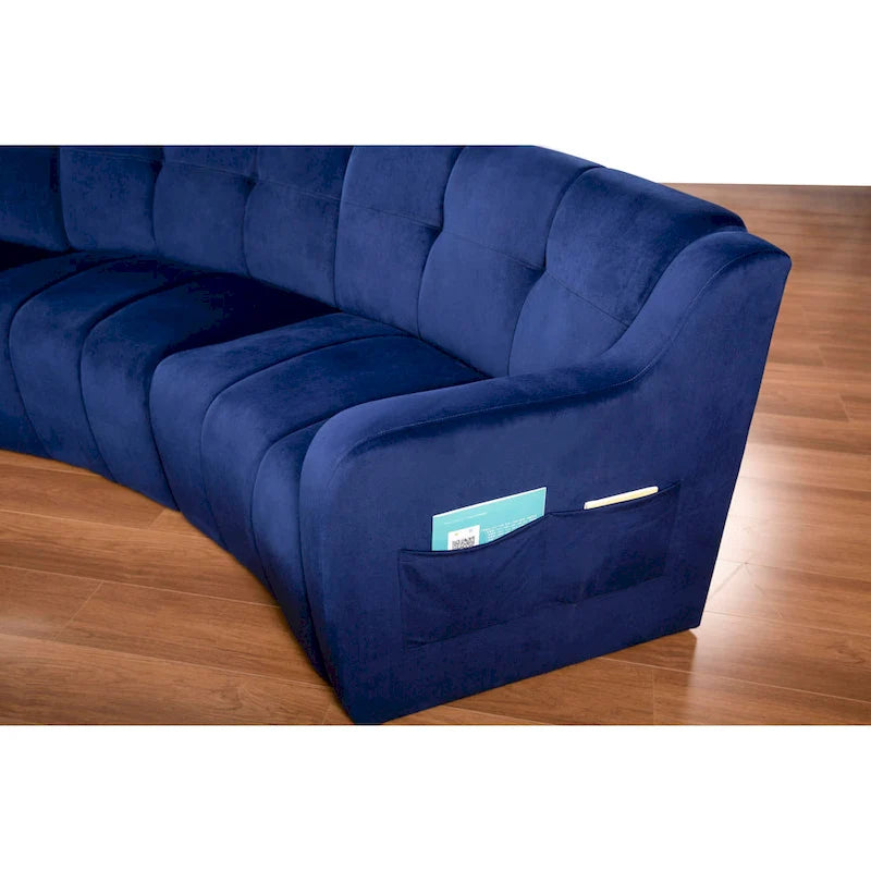 Canapé incurvé en velours crème / bleu / gris, modulable sans pieds, 3 places