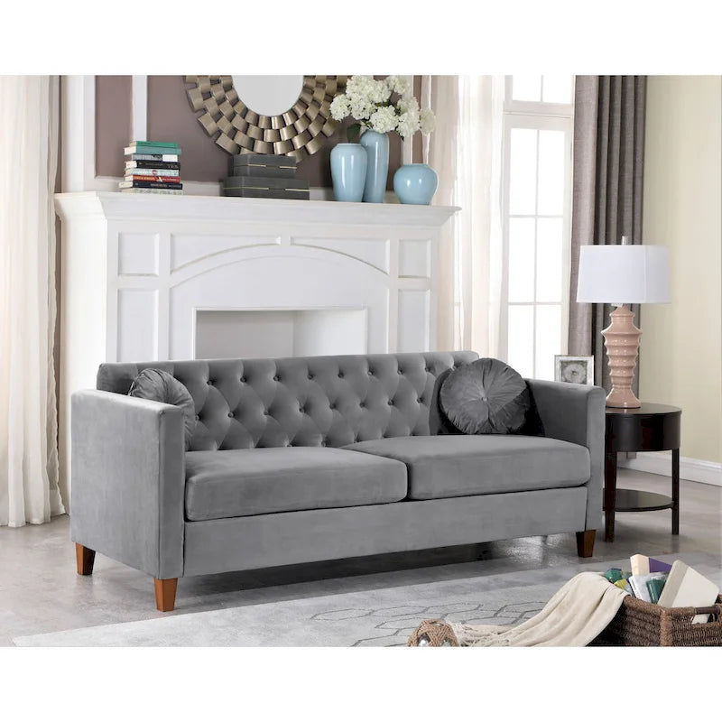 Canapé 3 places Chesterfield en velours froissé beige / bleu foncé / gris / vert / noir / rose