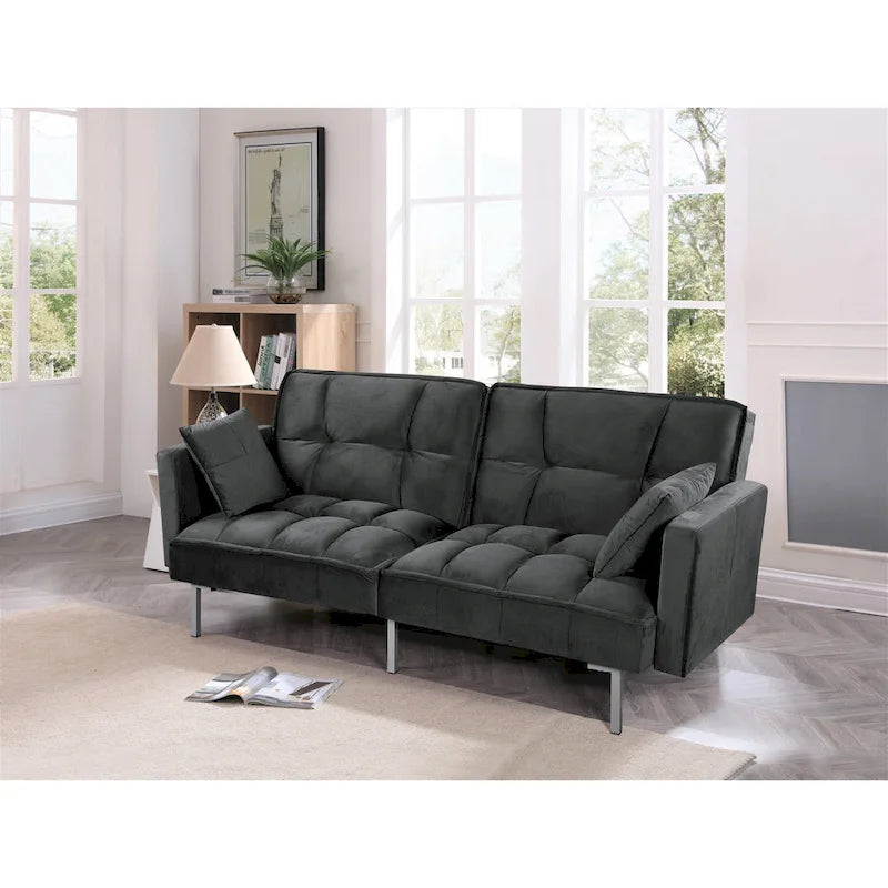 Canapé convertible futon en velours capitonné, 2 places, multicolore