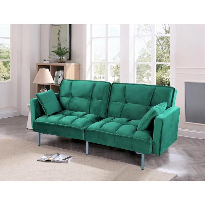 Canapé convertible futon en velours capitonné, 2 places, multicolore