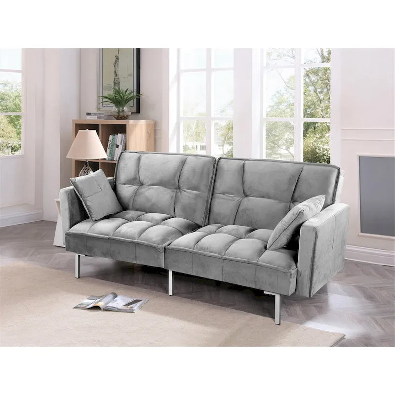 Canapé convertible futon en velours capitonné, 2 places, multicolore