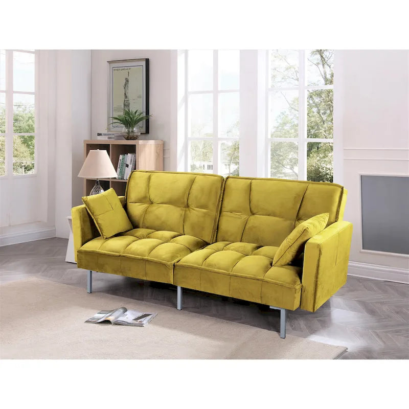 Canapé convertible futon en velours capitonné, 2 places, multicolore