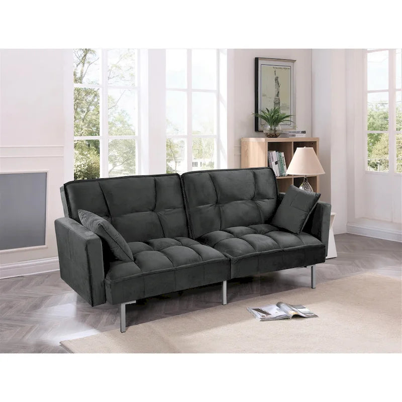 Canapé convertible futon en velours capitonné, 2 places, multicolore