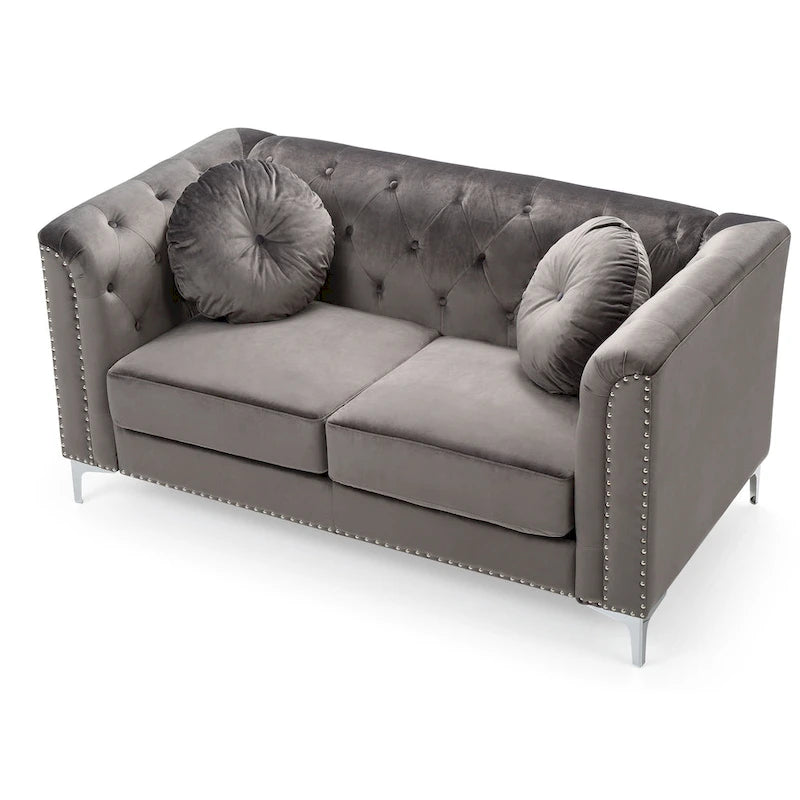 Causeuse capitonnée en velours 2 places – Gris / Bleu marine / Bordeaux / Noir / Rose / Vert / Ivoire