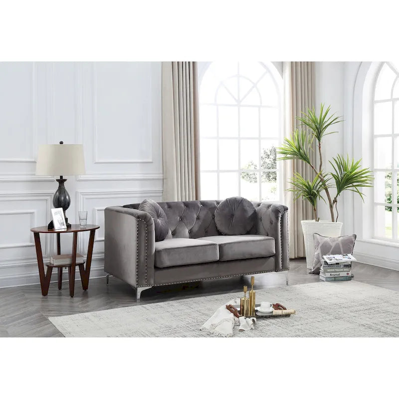 Causeuse capitonnée en velours 2 places – Gris / Bleu marine / Bordeaux / Noir / Rose / Vert / Ivoire