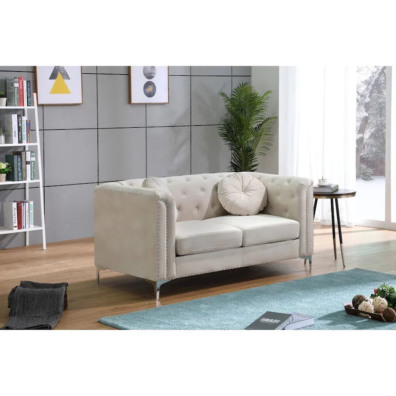 Causeuse capitonnée en velours 2 places – Gris / Bleu marine / Bordeaux / Noir / Rose / Vert / Ivoire