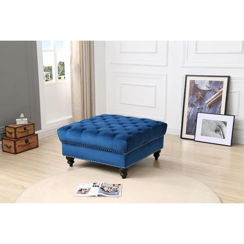 Ottoman carré capitonné en velours avec clous décoratifs, une place