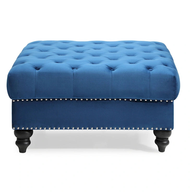 Ottoman carré capitonné en velours avec clous décoratifs, une place