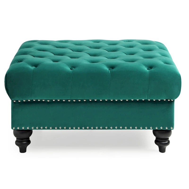 Ottoman carré capitonné en velours avec clous décoratifs, une place