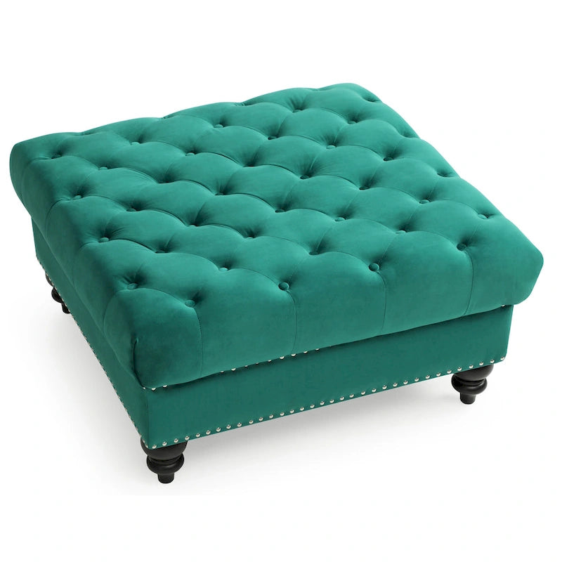 Ottoman carré capitonné en velours avec clous décoratifs, une place