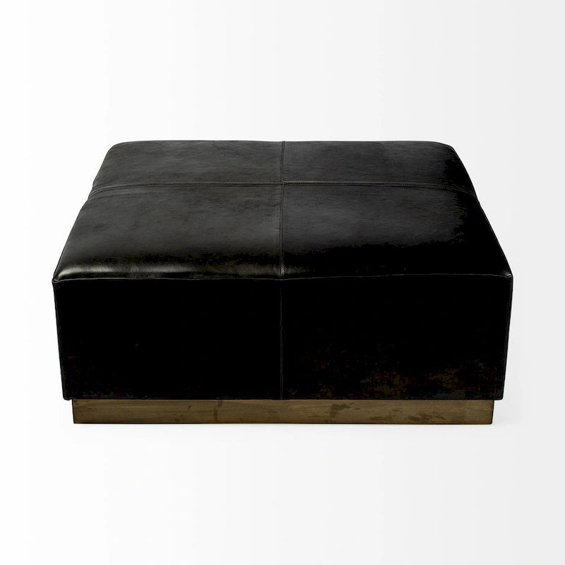 Ottoman carré en cuir pleine fleur noir/marron avec base en métal laiton