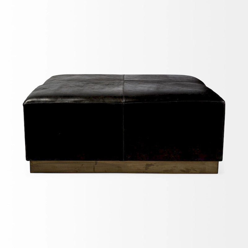 Ottoman carré en cuir pleine fleur noir/marron avec base en métal laiton