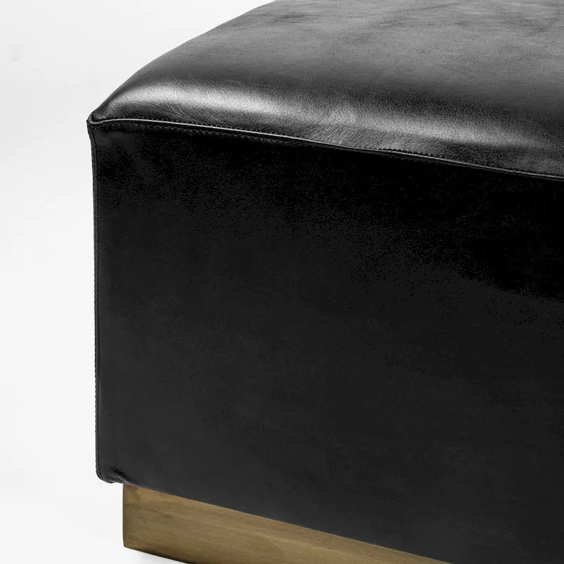 Ottoman carré en cuir pleine fleur noir/marron avec base en métal laiton