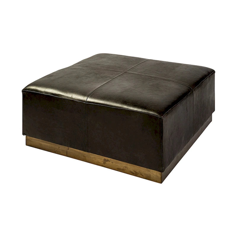 Ottoman carré en cuir pleine fleur noir/marron avec base en métal laiton