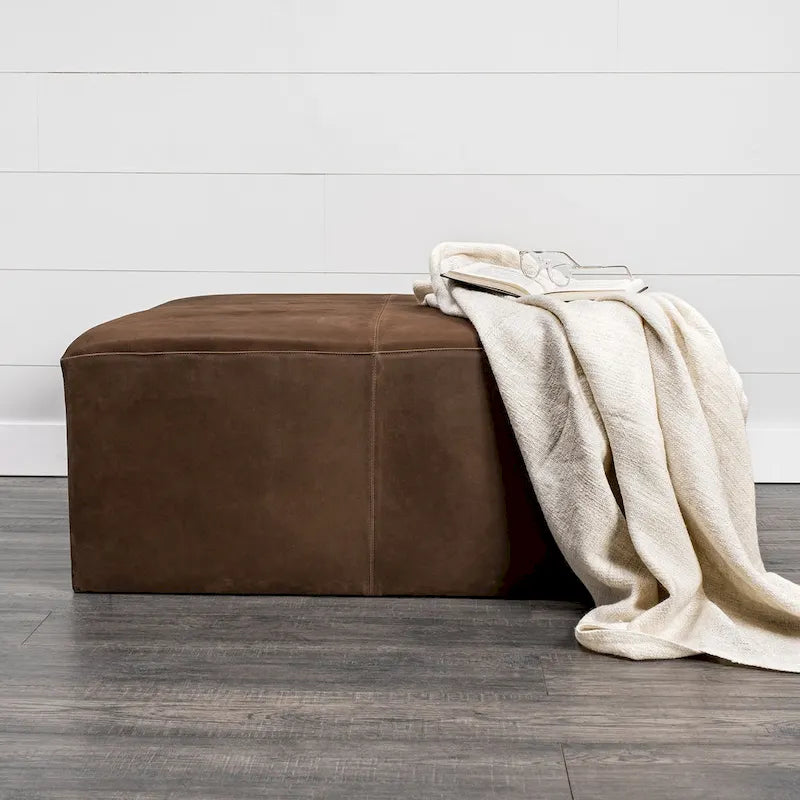 Ottoman carré en cuir pleine fleur noir/marron avec base en métal laiton