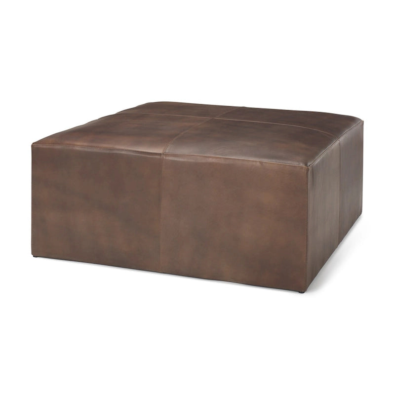 Ottoman carré en cuir pleine fleur noir/marron avec base en métal laiton