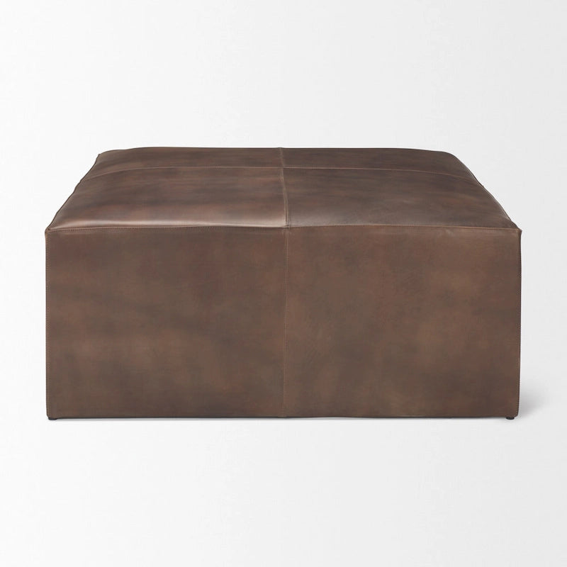 Ottoman carré en cuir pleine fleur noir/marron avec base en métal laiton