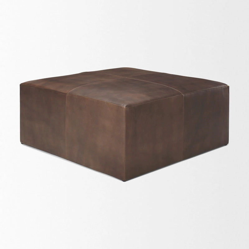 Ottoman carré en cuir pleine fleur noir/marron avec base en métal laiton