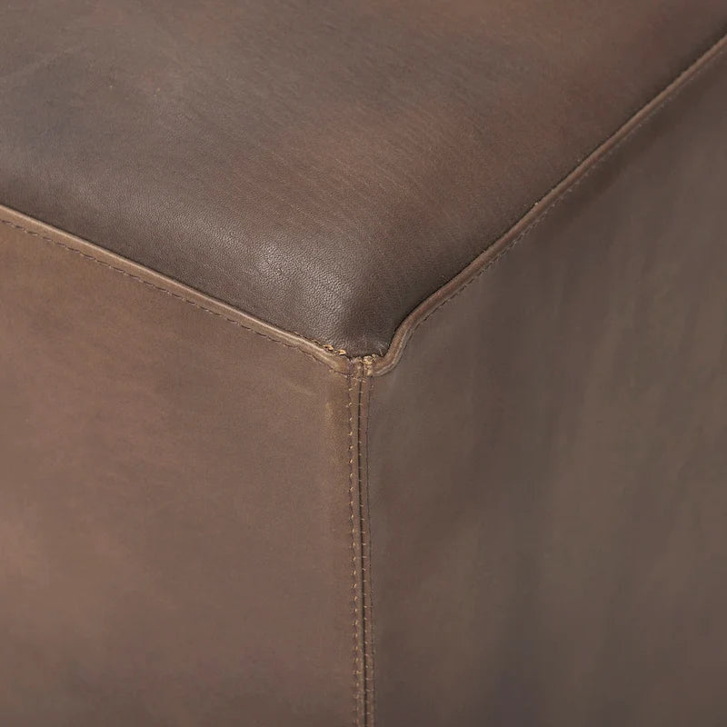 Ottoman carré en cuir pleine fleur noir/marron avec base en métal laiton