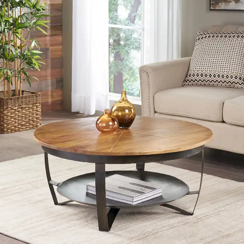 Table basse ronde naturelle et noire, style industriel bohème, pour 1 à 4 personnes