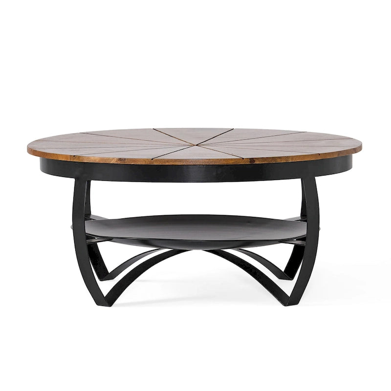 Table basse ronde naturelle et noire, style industriel bohème, pour 1 à 4 personnes