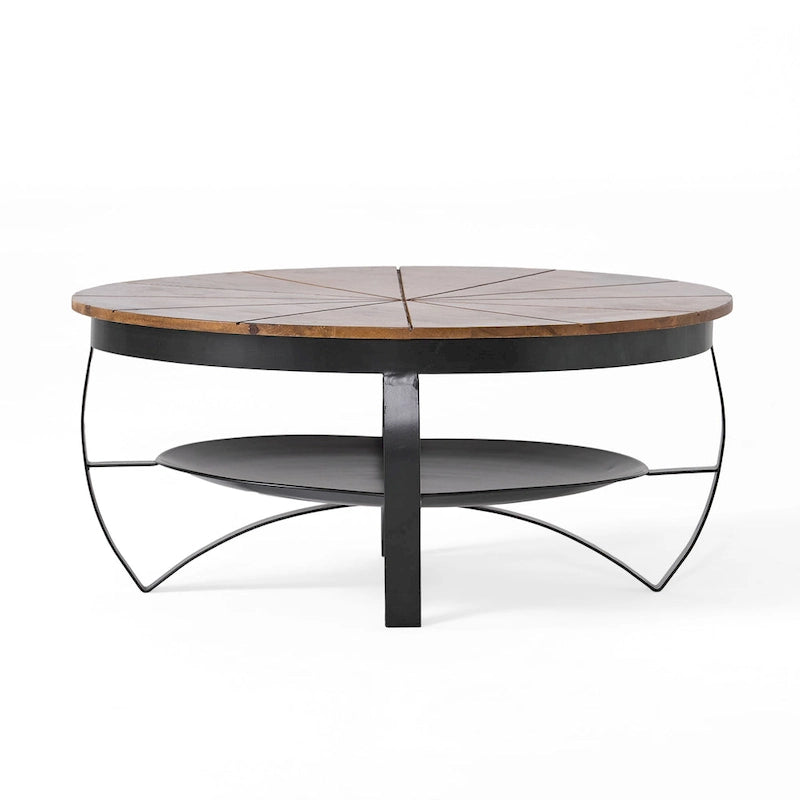 Table basse ronde naturelle et noire, style industriel bohème, pour 1 à 4 personnes