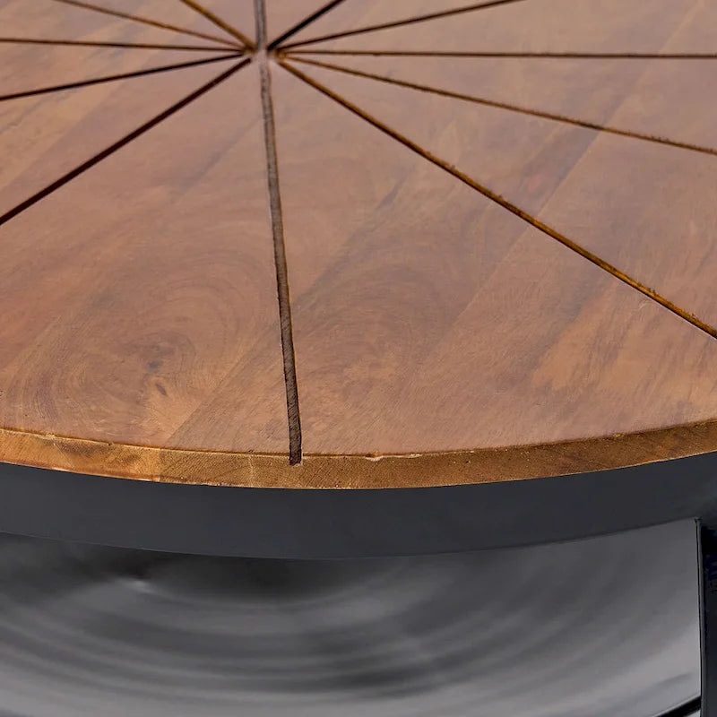 Table basse ronde naturelle et noire, style industriel bohème, pour 1 à 4 personnes