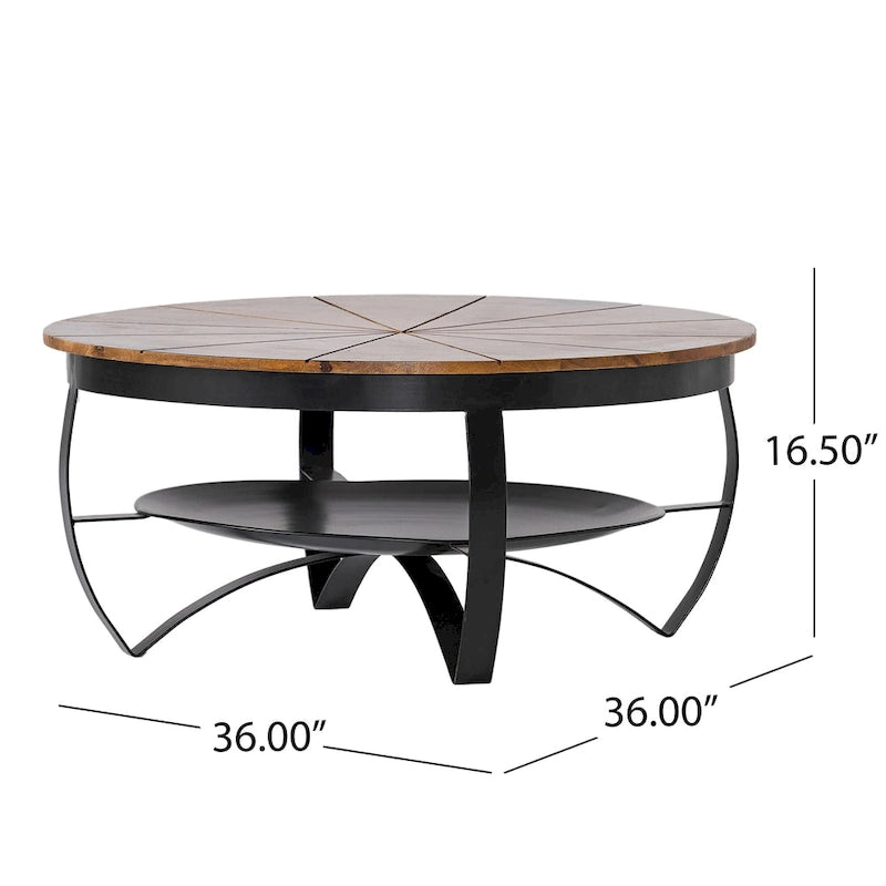 Table basse ronde naturelle et noire, style industriel bohème, pour 1 à 4 personnes