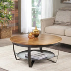 Table basse ronde naturelle et noire, style industriel bohème, pour 1 à 4 personnes